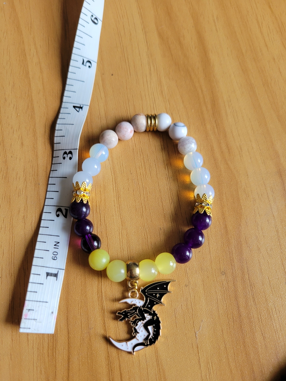 🍁NEW🍁 Hand Crafted Purple, Yellow & White Beaded Bracelet with Dragon Charm